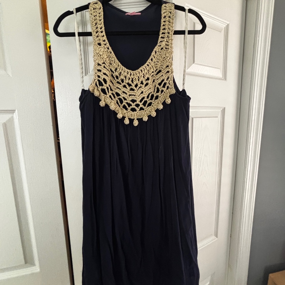 Lilly Pulitzer Navy Dress with Gold collar Detail